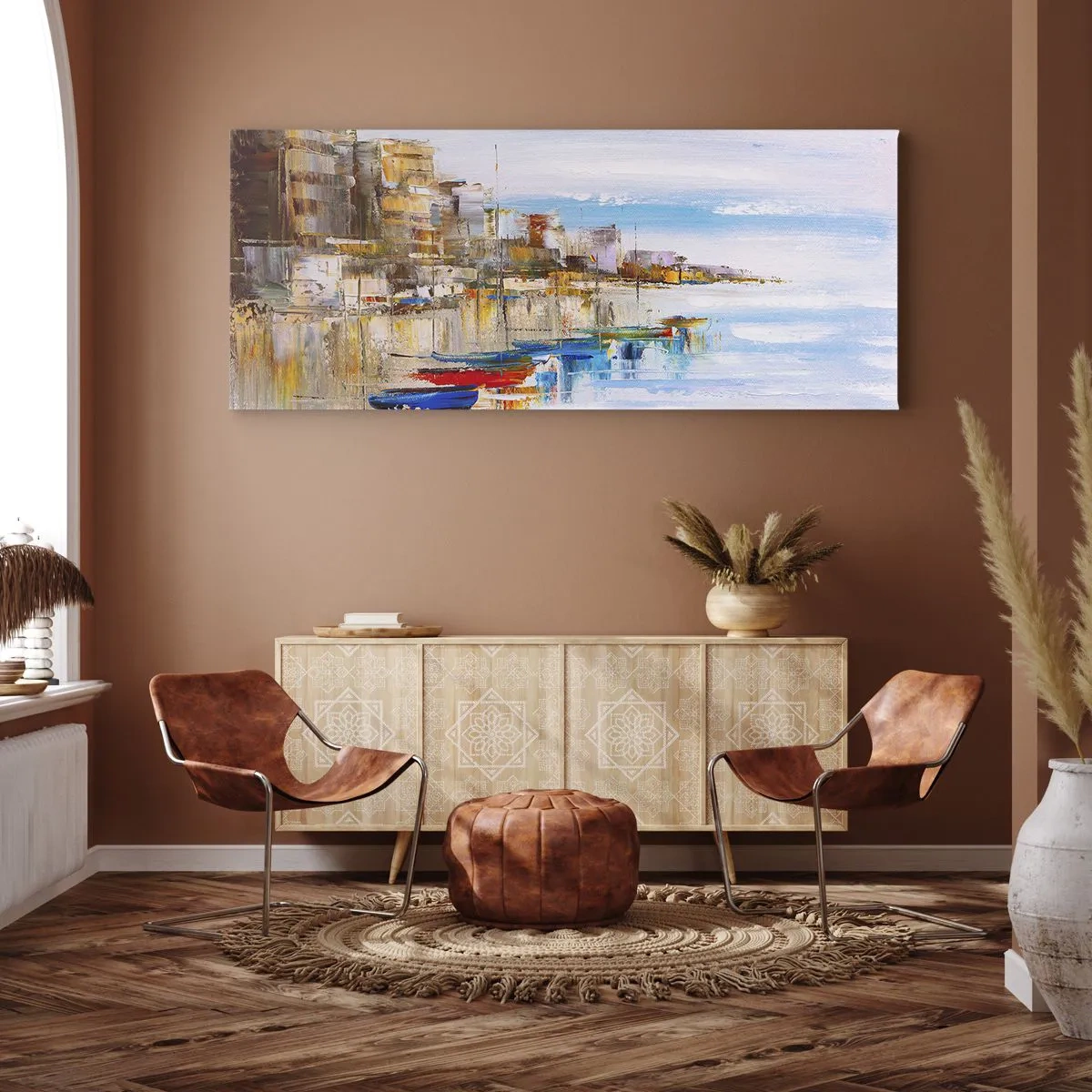Canvastavla - Bild på duk - Flerfärgad urban hamn - 140x50 cm