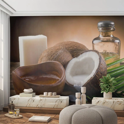 Fototapet Premium Sand - Hälsa från tropiska öar - Kokos, Spa, Kokosolja - 400x280 cm