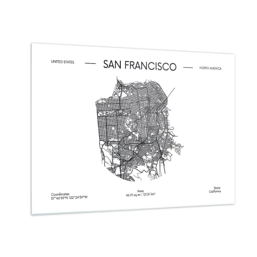 Glastavla - Bild på glas - En minimalistisk gatukarta över San Francisco - 70x50cm - San Franciscos anatomi - Modern väggdekoration för vardagsrum och sovrum ARTTOR