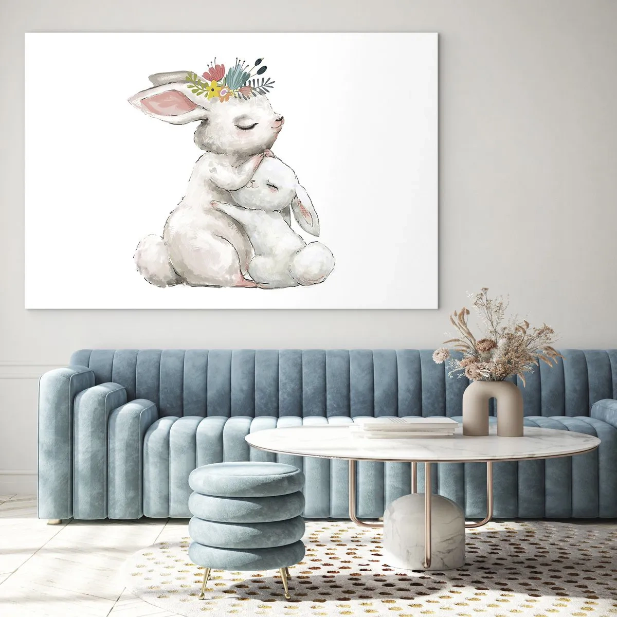 Glastavla - Bild på glas - Två gosiga kaniner i pastellfärger - 70x50cm - Alltid bäst hos mamma - Modern väggdekoration för vardagsrum och sovrum ARTTOR