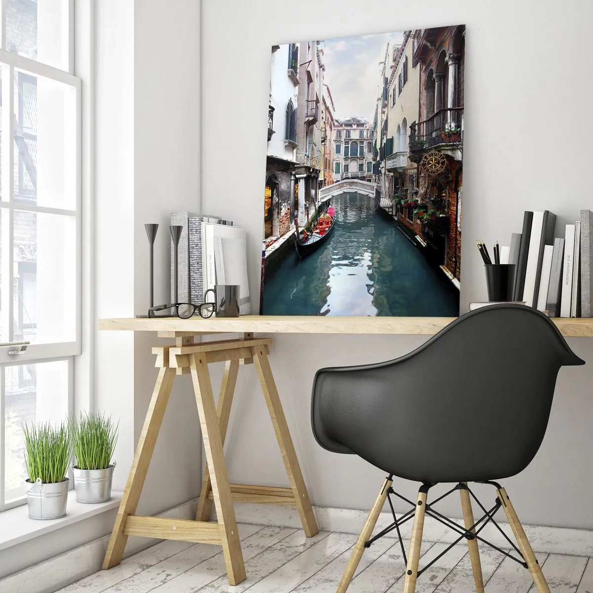 Glastavla - Bild på glas - Venedig-landskap med gondol och bro - 50x70 cm