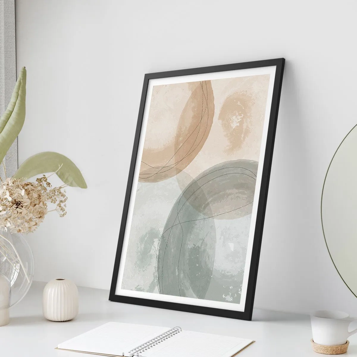 Affisch i svart ram - Geometriska former i pastellfärgade jordtoner - 50x70cm - Världars samspel - Modern väggdekoration för vardagsrum och sovrum ARTTOR