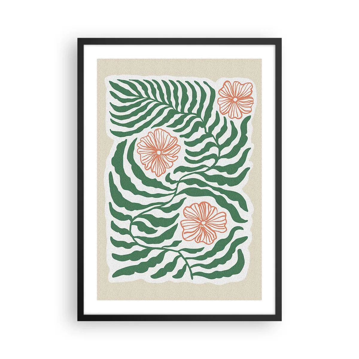 Affisch i svart ram - Abstrakt grafik av löv och blommor på en beige bakgrund - 50x70cm - Blommande i grönt - Modern väggdekoration för vardagsrum och sovrum ARTTOR