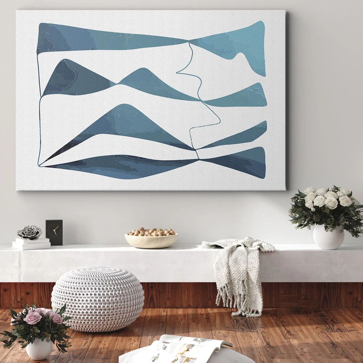 Canvastavla - Bild på duk - Abstrakta former i nyanser av blått på en vit bakgrund - 70x50cm - Abstraktion: en turkos förening - Modern väggdekoration för vardagsrum och sovrum ARTTOR
