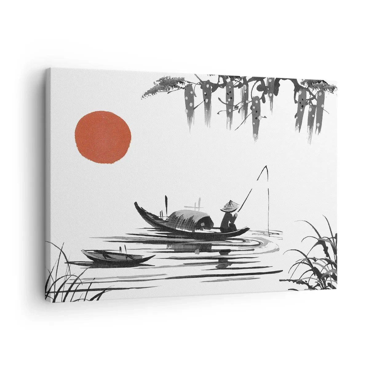 Canvastavla - Bild på duk - Orientaliskt landskap med en fiskare på en båt och en röd sol - 70x50cm - Asiatisk eftermiddag - Modern väggdekoration för vardagsrum och sovrum ARTTOR