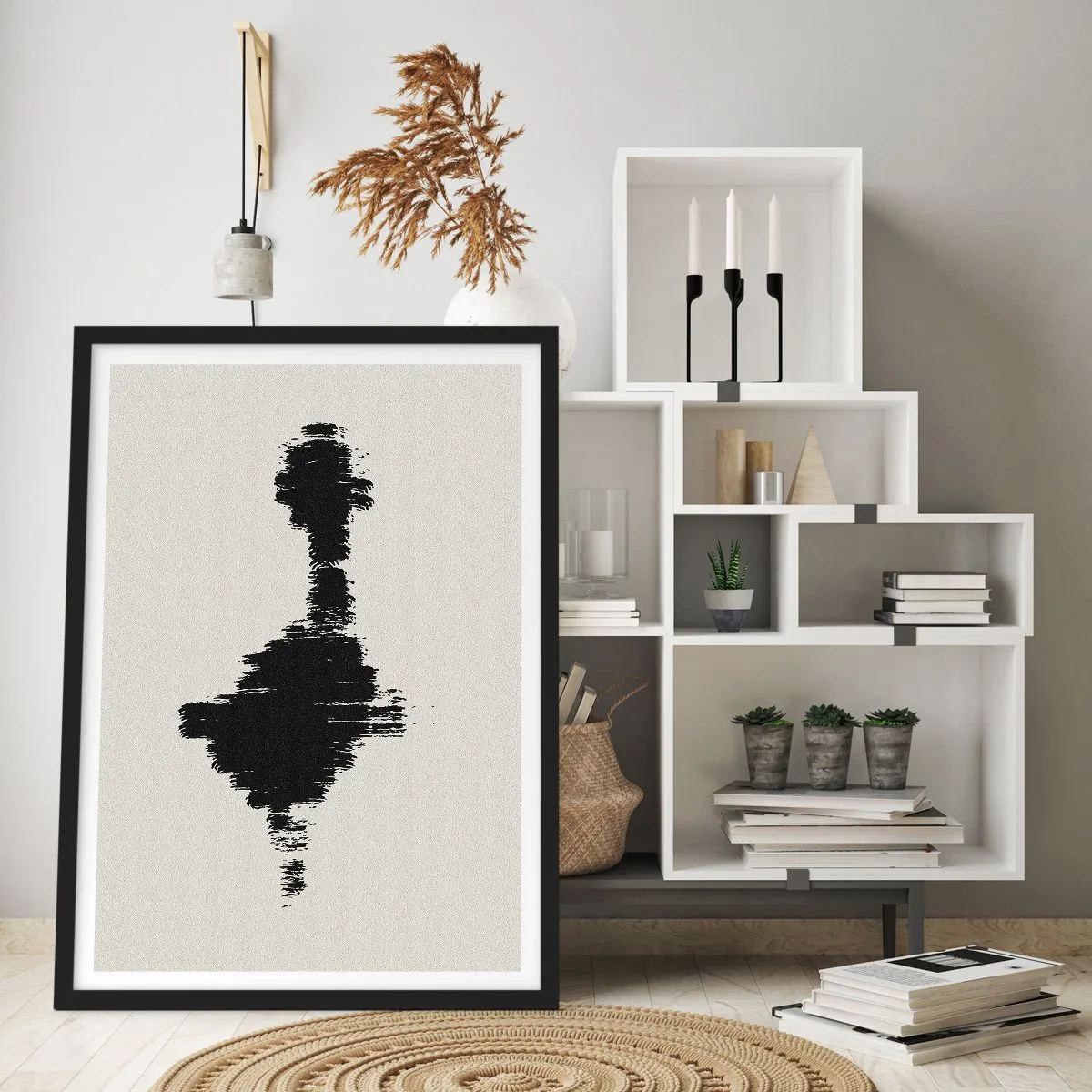 Affisch i svart ram - Minimalistisk abstraktion i svartvitt - 50x70cm - Fantasins vibrationer - Modern väggdekoration för vardagsrum och sovrum ARTTOR