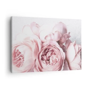 Canvastavla - Bild på duk - Rosa pioner i mjukt ljus mot en ljus bakgrund - 70x50cm - För romantikerna - Modern väggdekoration för vardagsrum och sovrum ARTTOR