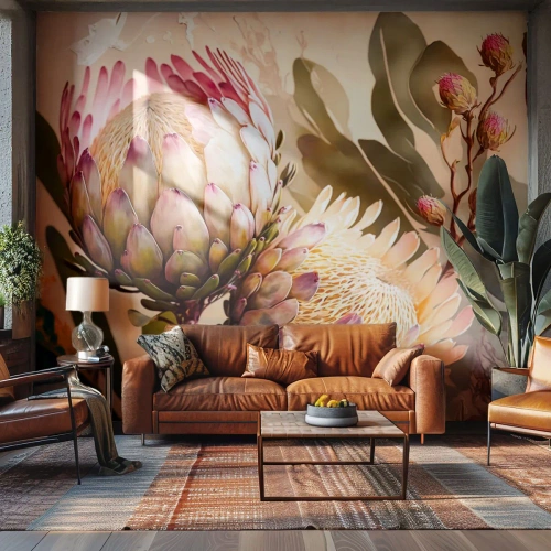 Fototapet Standard Eco - Två proteablommor i pastellfärgad akvarellstil - 100x70cm - Ömsint omfamnad - Modern väggdekoration för vardagsrum och sovrum ARTTOR