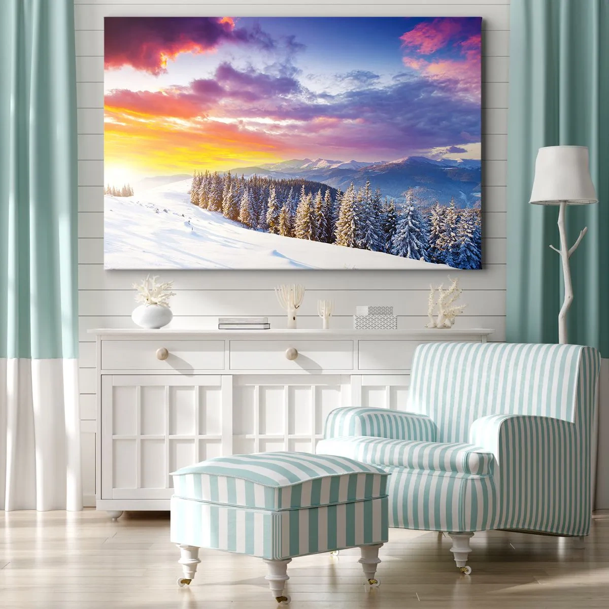 Canvastavla - Bild på duk - Vinterlandskap med berg och skog vid solnedgången - 70x50cm - Mitt på blanka dagen - Modern väggdekoration för vardagsrum och sovrum ARTTOR