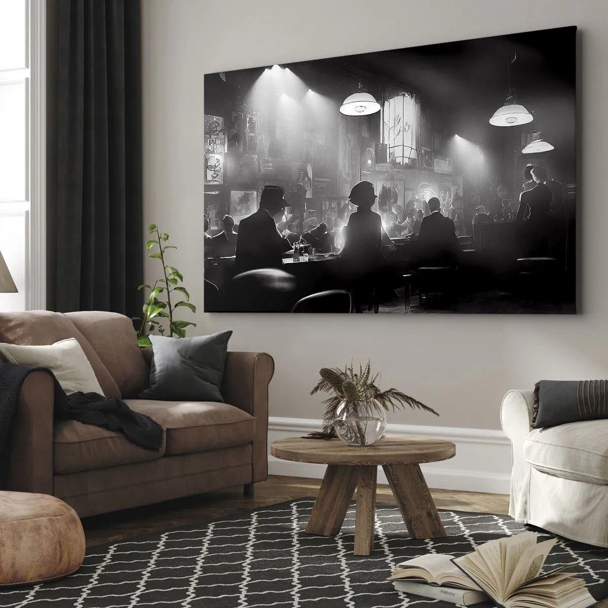 Canvastavla - Bild på duk - Svartvit jazznattklubbsscen - 70x50cm - I en jazzig stämning - Modern väggdekoration för vardagsrum och sovrum ARTTOR