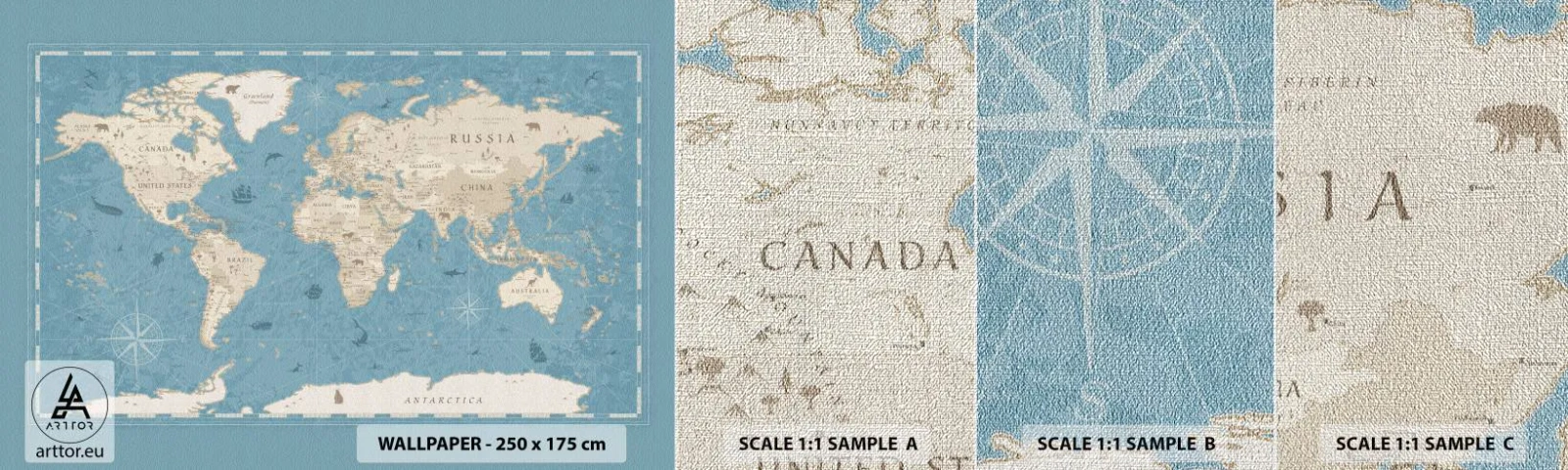 Provbit av fototapet Premium Canvas - En värld inom räckhåll - Världskarta, Årgång, Grunge - 100x30 cm