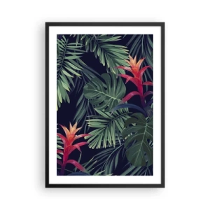 Affisch i svart ram - Tropiska löv och blommor på en mörk bakgrund - 50x70cm - Brinna i grönskan - Modern väggdekoration för vardagsrum och sovrum ARTTOR