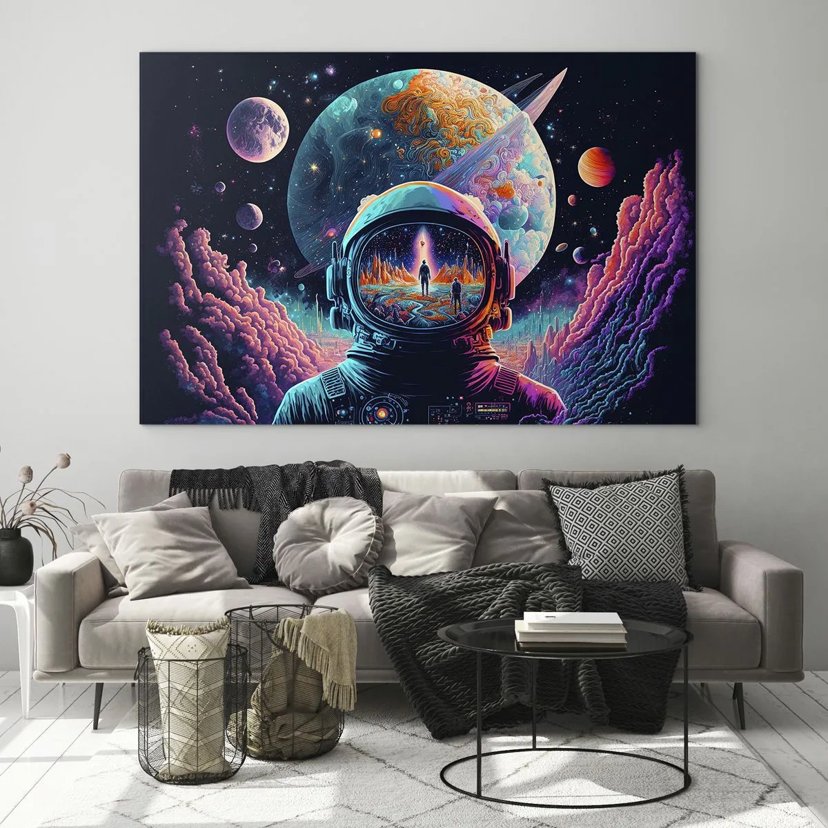 Glastavla - Bild på glas - Ett rymdlandskap med en astronaut och en surrealistisk planet. - 70x50cm - Filosofer har aldrig drömt - Modern väggdekoration för vardagsrum och sovrum ARTTOR