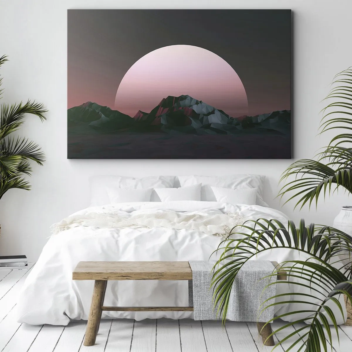 Canvastavla - Bild på duk - Geometriska berg med solnedgången i bakgrunden - 70x50cm - I den granliggande galaxen - Modern väggdekoration för vardagsrum och sovrum ARTTOR