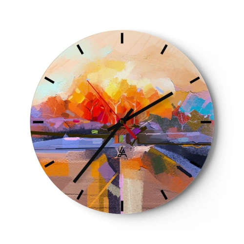 Väggklocka - Klocka på glas - Ett abstrakt landskap med ljusa och varma färger. - 30x30cm - Så blev det höst - Modern väggdekoration för vardagsrum, kök och sovrum ARTTOR