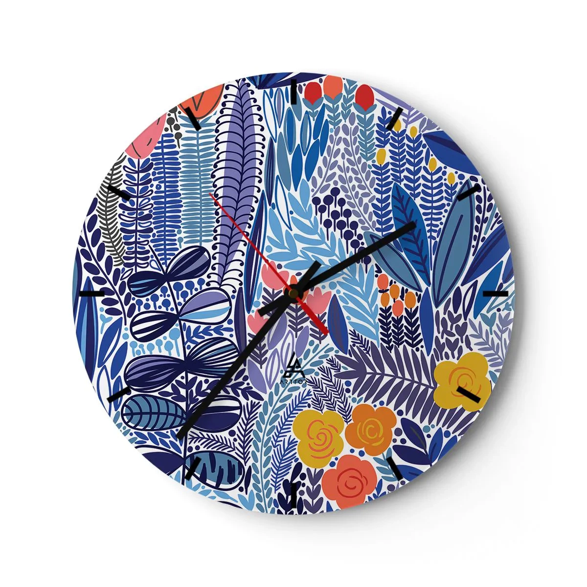 Väggklocka - Klocka på glas - Färgglatt växtmotiv i grafisk stil - 30x30cm - Hawaii-trädgård - Modern väggdekoration för vardagsrum, kök och sovrum ARTTOR