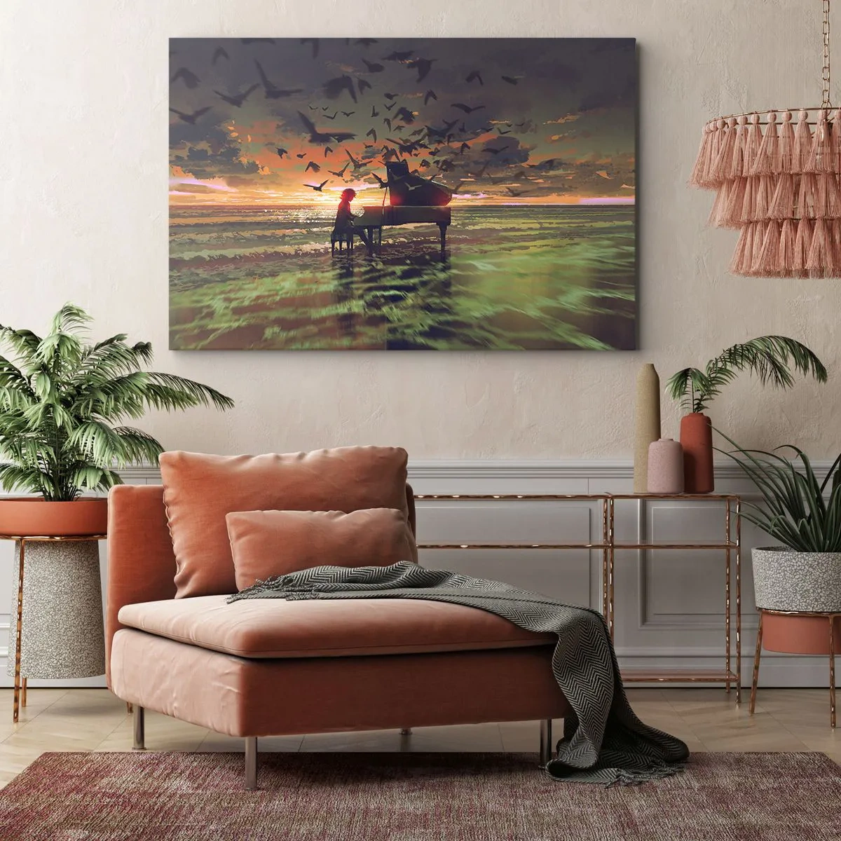 Canvastavla - Bild på duk - Ett piano på stranden vid solnedgången med fåglar - 70x50cm - Konsert för piano och vågor - Modern väggdekoration för vardagsrum och sovrum ARTTOR