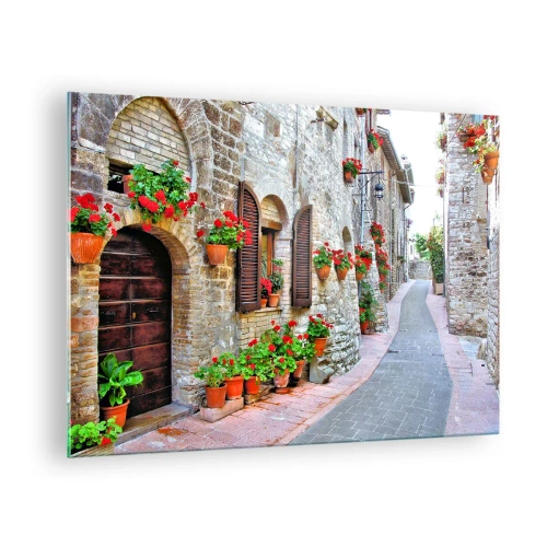 Glastavla - Bild på glas - En pittoresk gata med stenmurar och röda blommor - 70x50cm - Italiensk stämning - Modern väggdekoration för vardagsrum och sovrum ARTTOR