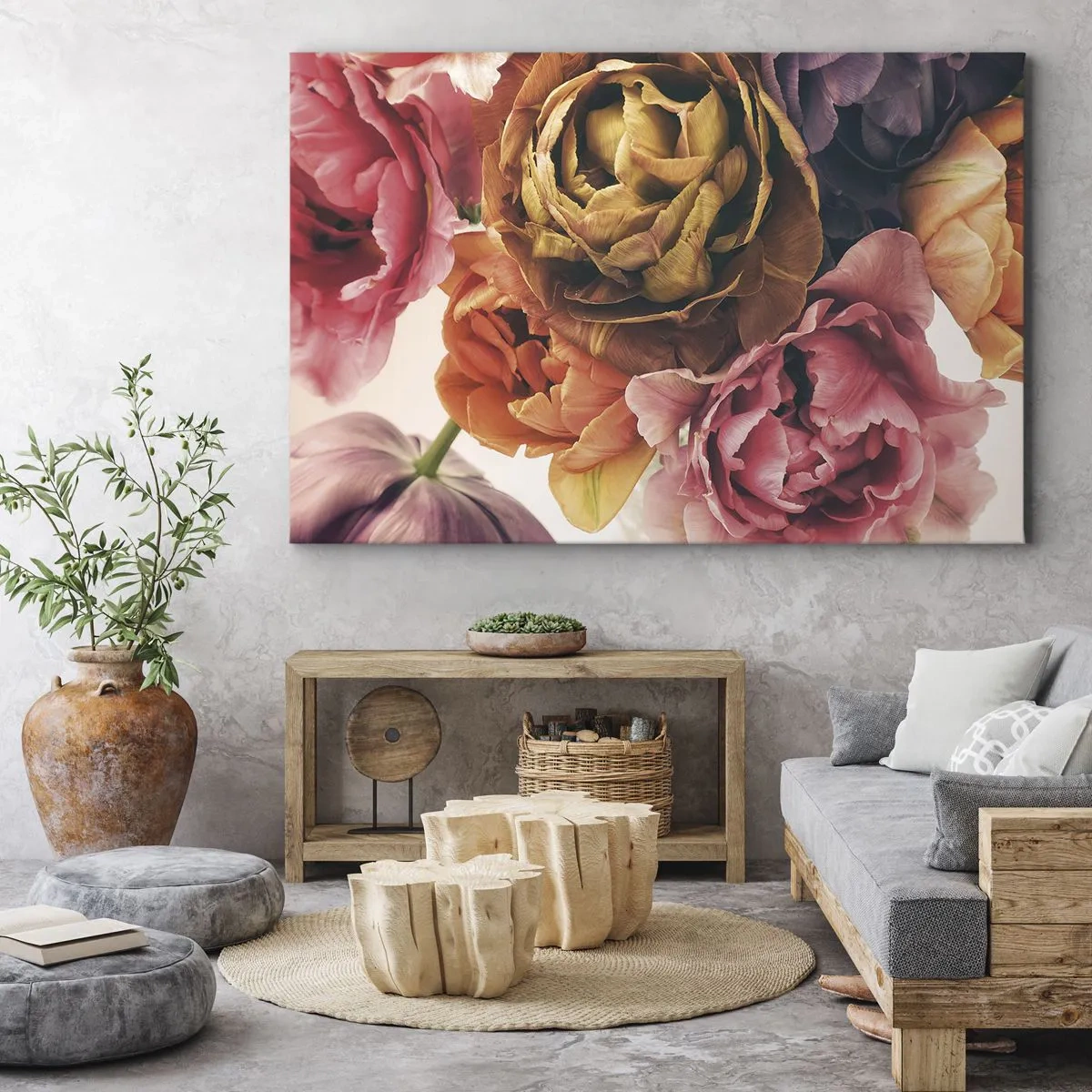 Canvastavla - Bild på duk - En bukett med olika blommor i intensiva färger - 70x50cm - Livets högtid - Modern väggdekoration för vardagsrum och sovrum ARTTOR