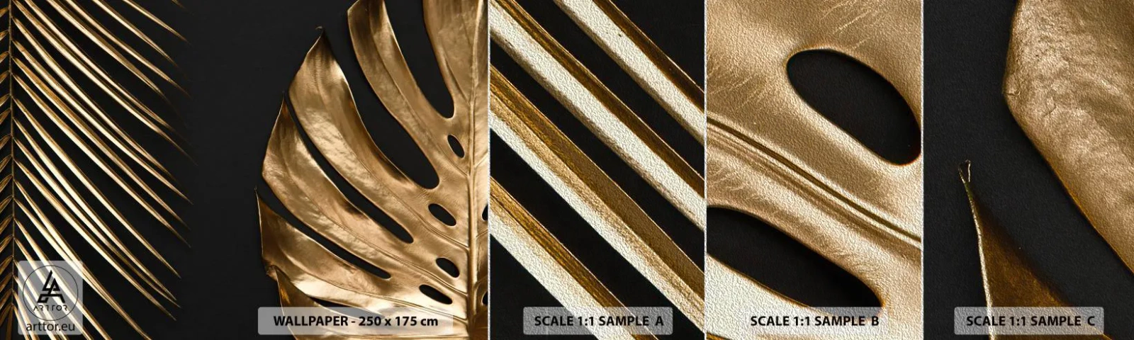 Provbit av fototapet Premium Sand - Olika men lika dyra - Palmblad, Monstera löv, Abstraktion - 100x30 cm