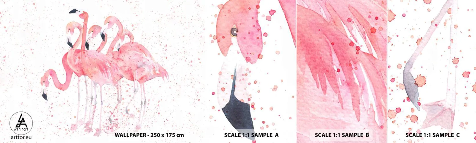 Provbit av självhäftande fototapet Deluxe Sticker - Rosa bandet - Flamingos, Fåglar, Grafik - 100x30 cm