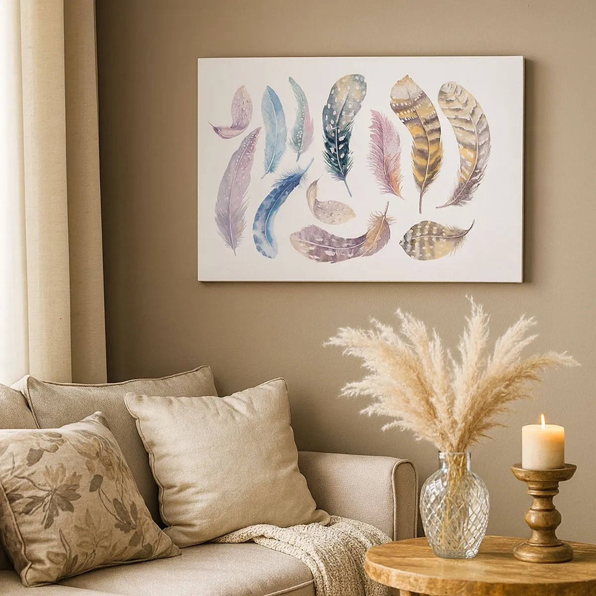 Canvastavla - Bild på duk - Färgglada fjädrar i en delikat akvarellstil - 70x50cm - Lätta, färgglada och färgrika - Modern väggdekoration för vardagsrum och sovrum ARTTOR