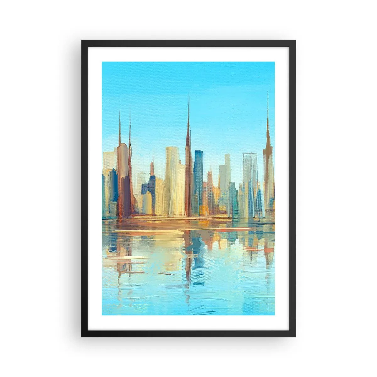 Affisch i svart ram - Färgglatt stadspanorama med reflektion i vattnet - 50x70cm - Solig metropol - Modern väggdekoration för vardagsrum och sovrum ARTTOR