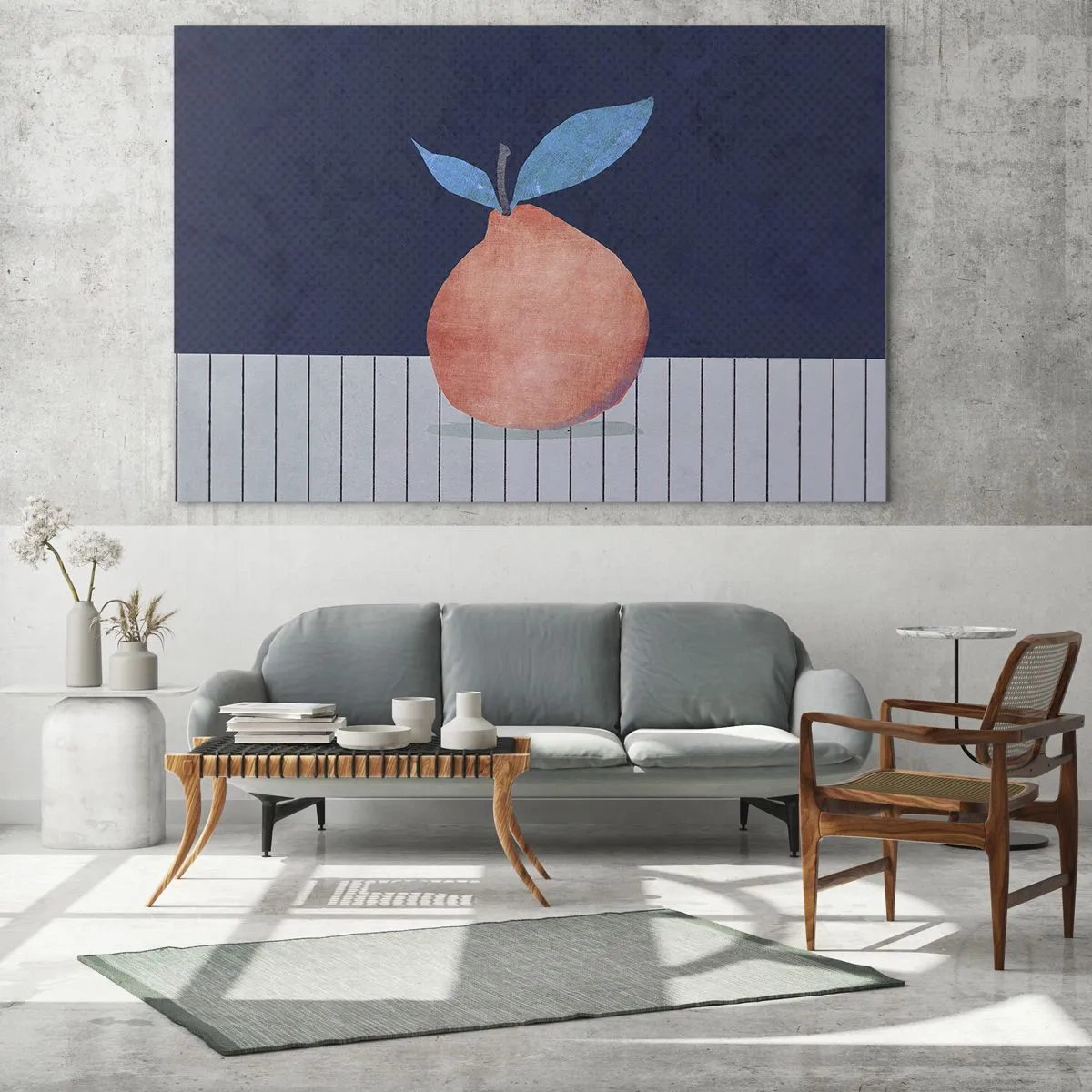Glastavla - Bild på glas - En frukt med abstrakt form mot en geometrisk komposition - 70x50cm - Konvexitet och planhet - Modern väggdekoration för vardagsrum och sovrum ARTTOR