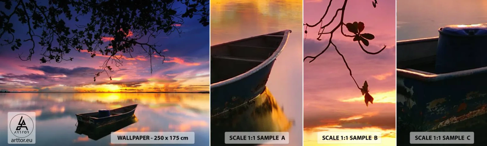 Fototapet Prov Standard Eco - "Du verkar hänga i mitten av himmelvalvet…" - Landskap, Solnedgång, Sjö - 100x30 cm