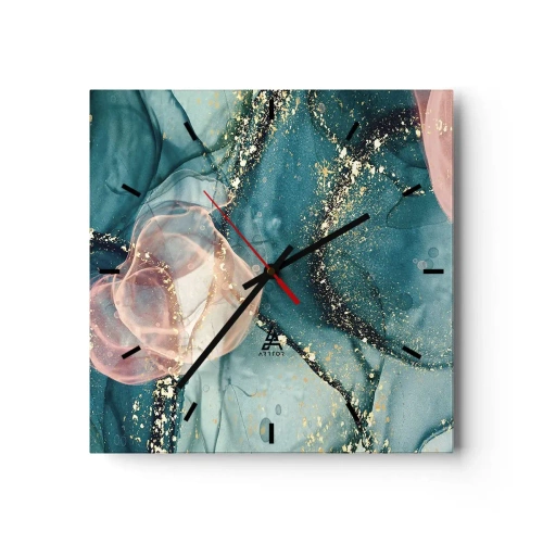 Väggklocka - Klocka på glas - Sidenblå, tyllrosa - 40x40 cm