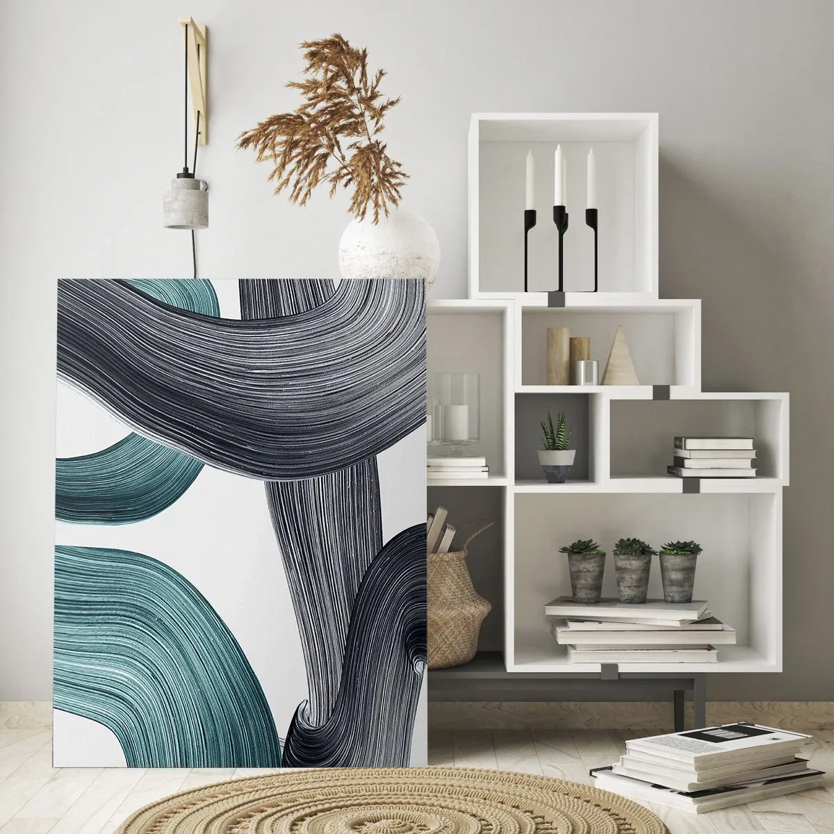 Glastavla - Bild på glas - Smaragd och svarta spår - 50x70 cm