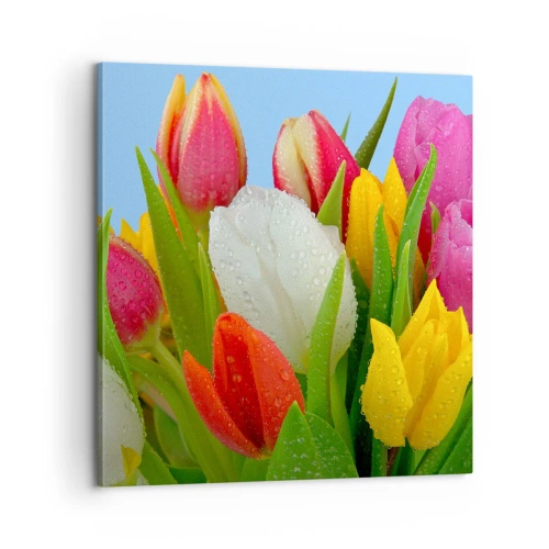 Canvastavla - Bild på duk - blommig regnbåge i daggdroppar - 60x60 cm