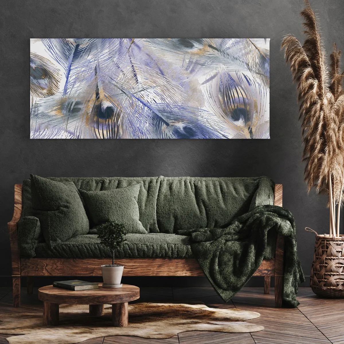 Canvastavla - Bild på duk - Komposition med påfågelsfjädrar - 160x50 cm