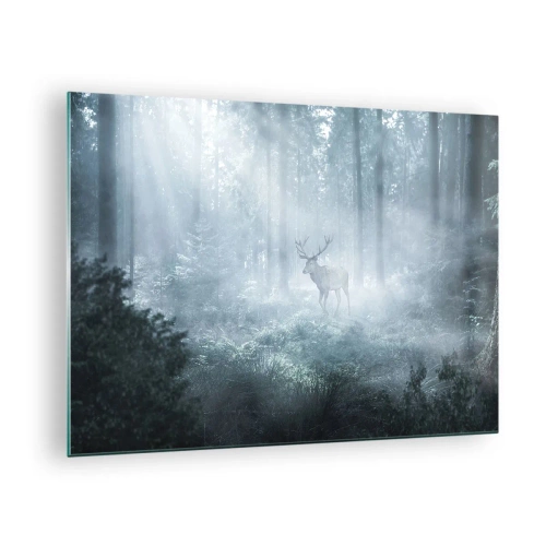 Glastavla - Bild på glas - En hjort i en dimmig skog upplyst av morgonsolens strålar - 70x50cm - Morgonrond runt godset - Modern väggdekoration för vardagsrum och sovrum ARTTOR
