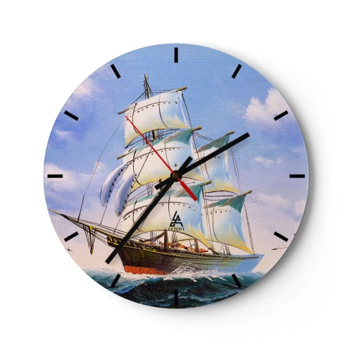 Väggklocka - Klocka på glas - Måleriska segelbåtar på ett stormigt hav under en blå himmel - 30x30cm - Stolt med vinden - Modern väggdekoration för vardagsrum, kök och sovrum ARTTOR