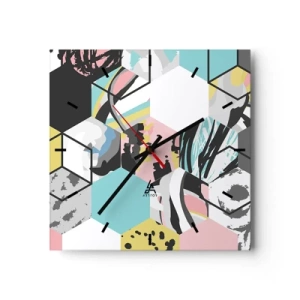 Väggklocka - Klocka på glas - Sexkanter och kuber i sex färger - 30x30 cm