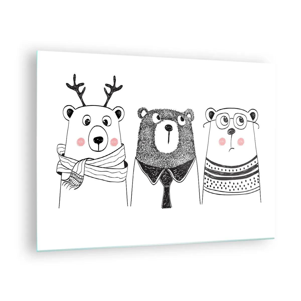 Glastavla - Bild på glas - Tre roliga björnar i en svartvit illustration - 70x50cm - Tre björnar  - Modern väggdekoration för vardagsrum och sovrum ARTTOR