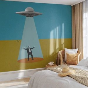 Fototapet Standard Eco - Grafik av ett UFO som bär en man i ljuset i ödemarken - 100x70cm - Ett nära möte - Modern väggdekoration för vardagsrum och sovrum ARTTOR