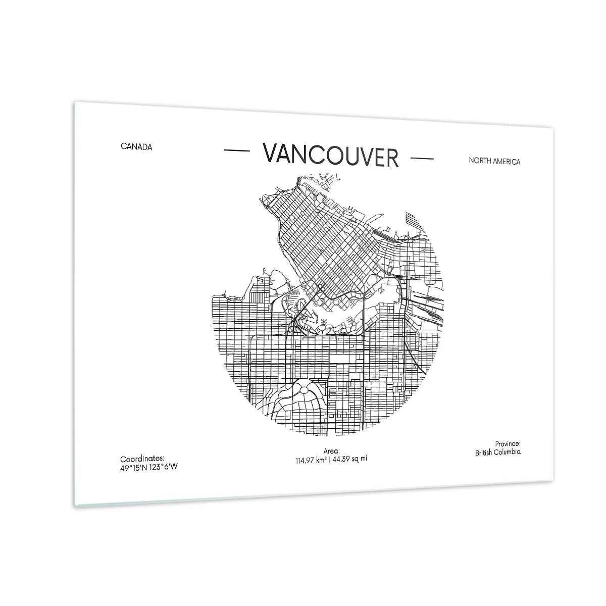 Glastavla - Bild på glas - Svartvit gatukarta över Vancouver - 70x50cm - Vacouvers anatomi - Modern väggdekoration för vardagsrum och sovrum ARTTOR
