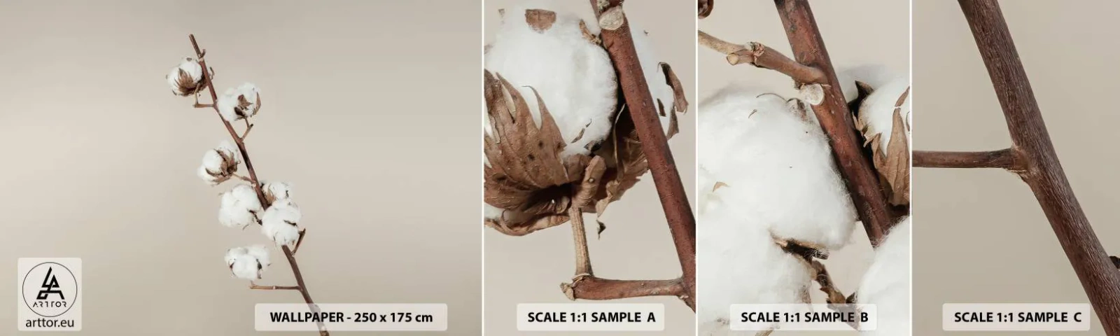 Provbit av självhäftande fototapet Deluxe Sticker - Hos mjukhetens källa - Bomullsblomma, Natur, Bomull - 100x30 cm