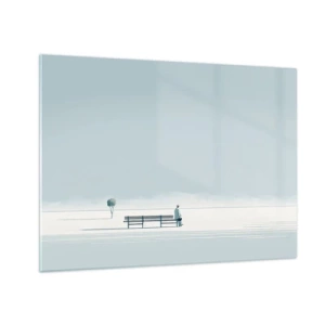 Glastavla - Bild på glas - En figur vid en bänk i ett minimalistiskt landskap - 70x50cm - Ja, jag väntar. - Modern väggdekoration för vardagsrum och sovrum ARTTOR
