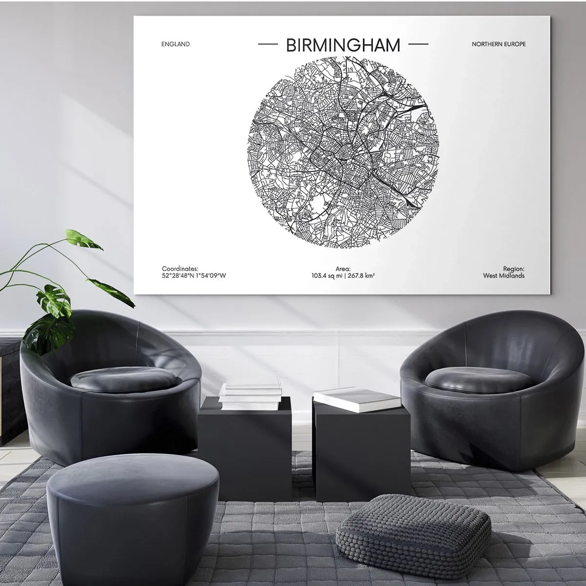 Glastavla - Bild på glas - Svartvit karta över Birmingham i modern grafisk stil - 70x50cm - Birminghams anatomi - Modern väggdekoration för vardagsrum och sovrum ARTTOR