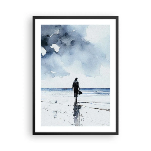 Affisch i svart ram - Akvarelllandskap med en figur på stranden - 50x70cm - Samtal med havet - Modern väggdekoration för vardagsrum och sovrum ARTTOR