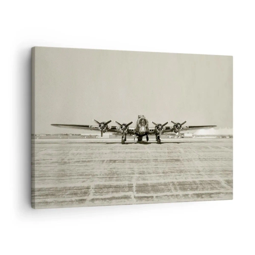 Canvastavla - Bild på duk - Historiskt flygplan på flygplatsen i sepia - 70x50cm - Redo som vanligt - Modern väggdekoration för vardagsrum och sovrum ARTTOR