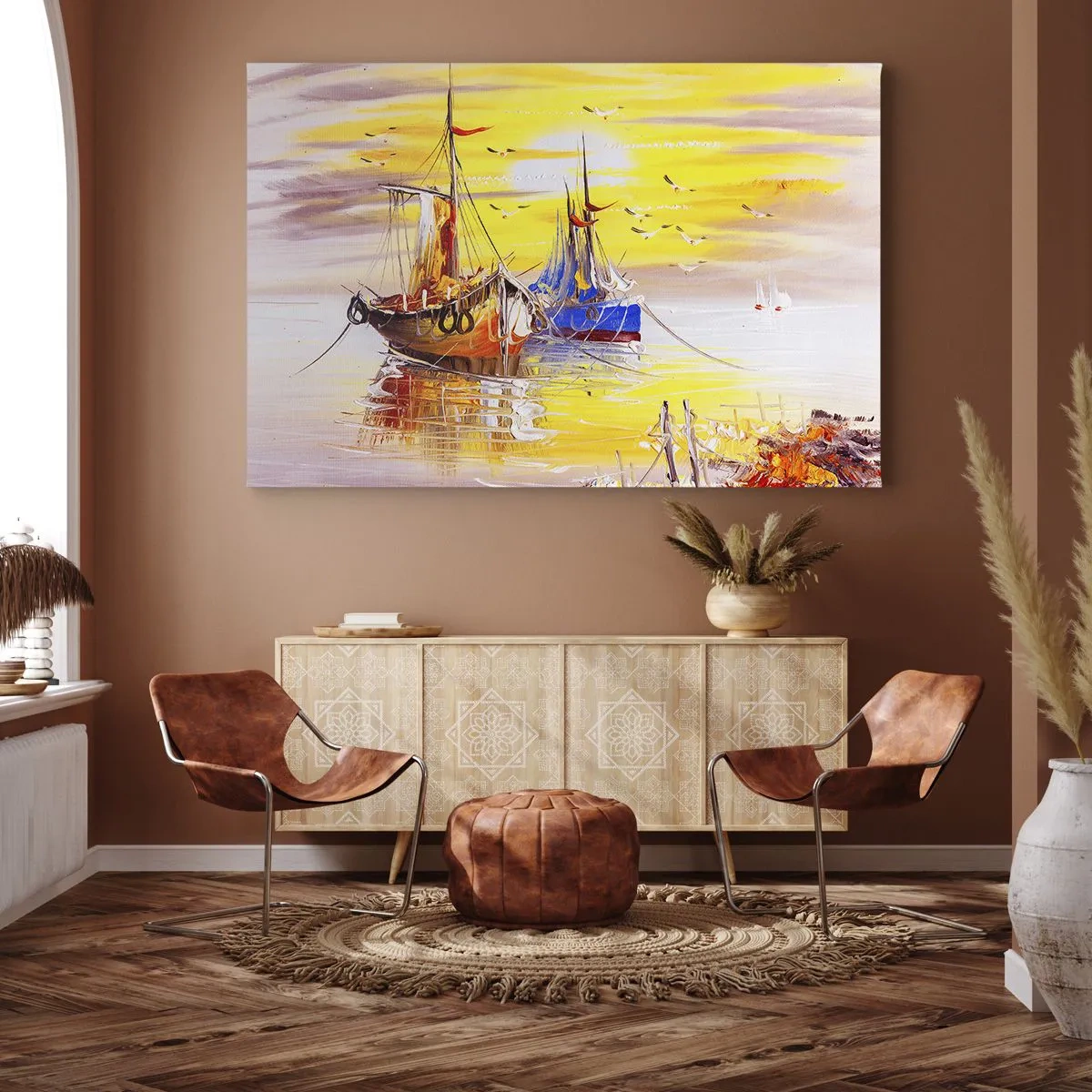 Canvastavla - Bild på duk - En målerisk scen av båtar på ett lugnt hav - 70x50cm - Välförtjänt vila i hamnen - Modern väggdekoration för vardagsrum och sovrum ARTTOR