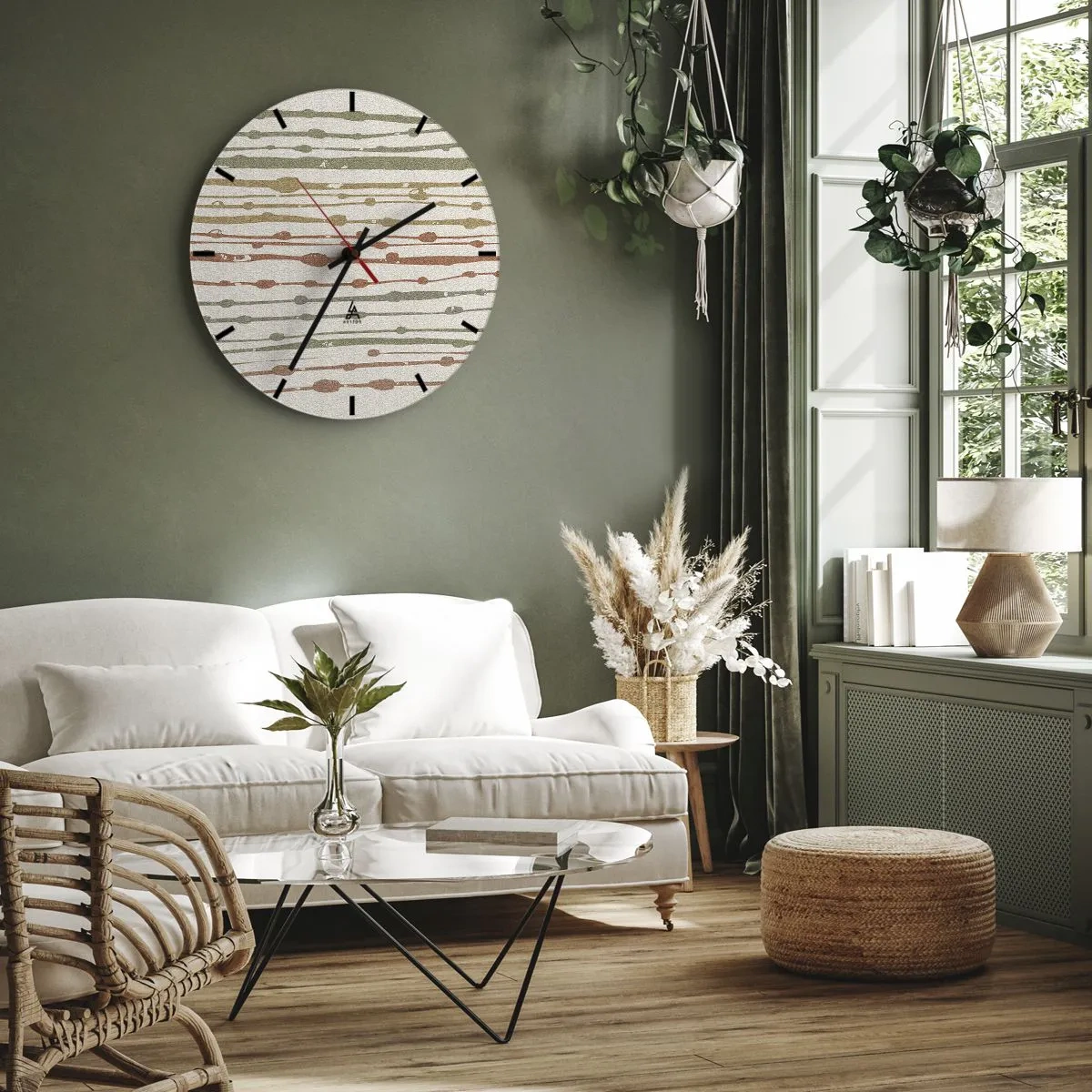 Väggklocka - Klocka på glas - Färgglada linjer och fläckar i en horisontell rytm mot en ljus bakgrund - 30x30cm - Musikalisk färgnotation - Modern väggdekoration för vardagsrum, kök och sovrum ARTTOR