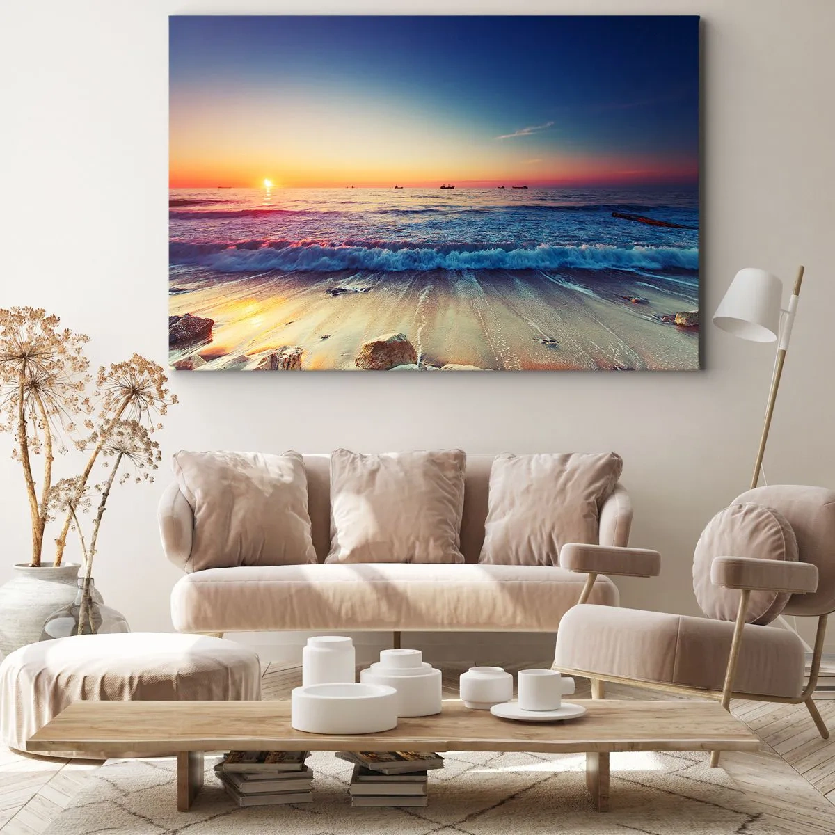 Canvastavla - Bild på duk - Solnedgång över ett lugnt hav med vågor - 70x50cm - Vad finns bortom horisonten? - Modern väggdekoration för vardagsrum och sovrum ARTTOR
