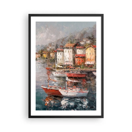 Affisch i svart ram - En pittoresk hamn med segelbåtar i impressionistisk stil - 50x70cm - Romantisk hamn - Modern väggdekoration för vardagsrum och sovrum ARTTOR