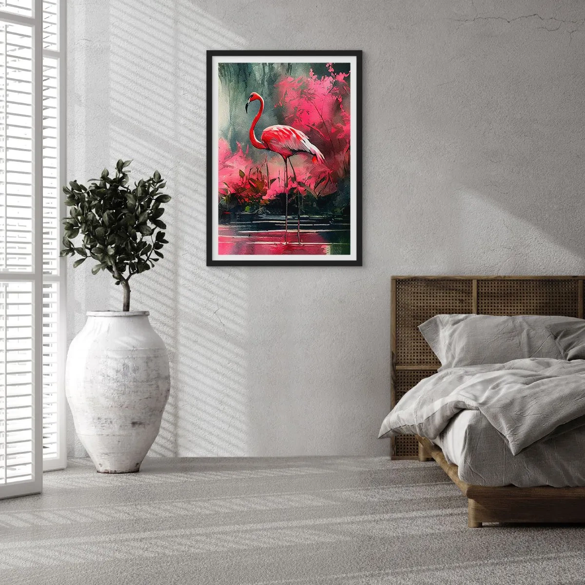 Affisch i svart ram - En flamingo omgiven av rosa vegetation vid vattnet - 50x70cm - En lektion i naturlig charm - Modern väggdekoration för vardagsrum och sovrum ARTTOR
