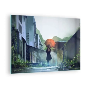 Glastavla - Bild på glas - En figur med ett orange paraply på en regnig gata - 70x50cm - Uppfriskande regn - Modern väggdekoration för vardagsrum och sovrum ARTTOR